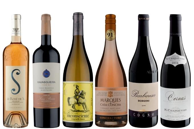 Seis garrafas variadas de vinho
