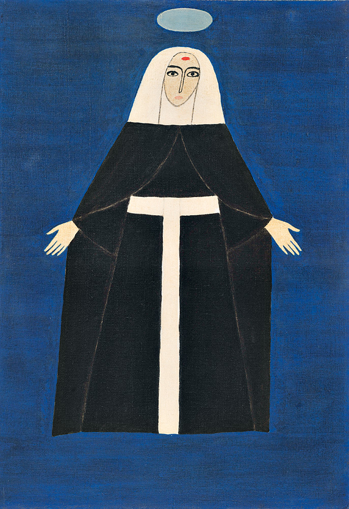 Imagem mostra representa&ccedil;&atilde;o de santa, com roupa eclesi&aacute;stica preta e branca, sobre fundo azul.