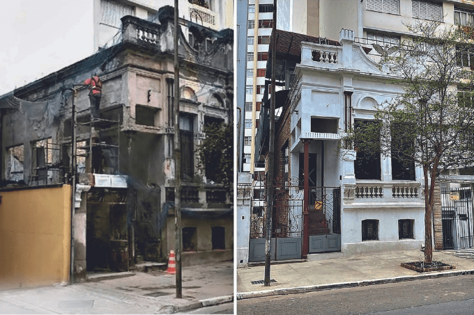 Duas imagens. Á esquerda, um casarão com a fachada destruída e antiga. À direita, o mesmo casarão com a fachada pintada de branco e reconstruída.