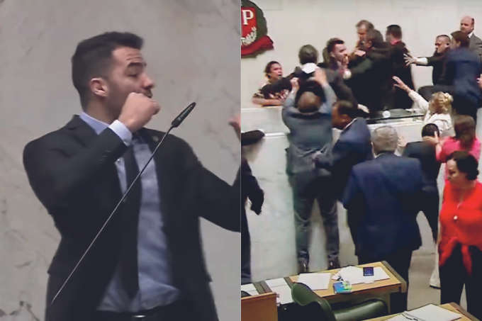 arthur do val Duas imagens. À esquerda, homem de terno com os punhos levantados. À direita, uma aglomeração de pessoas em volta do mesmo homem.