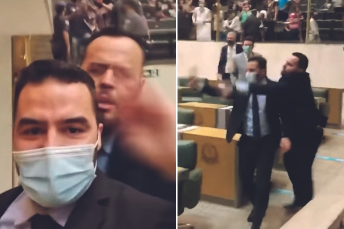 arthur do val Duas imagens. À esquerda, dois homens, um de máscara, e o outro com a mão levantada. À direita, os mesmos homens, vistos de lado.