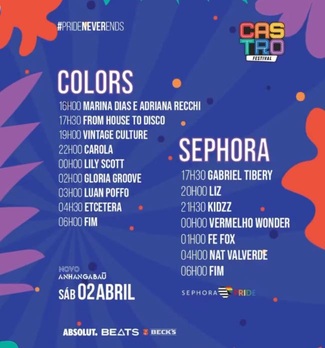 castro festival Imagem mostra cartaz com duas seções com nomes de artistas e horários, sobre fundo azul com detalhes coloridos.