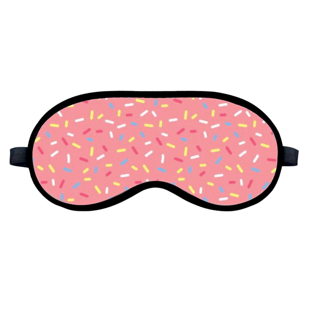 M&aacute;scara de dormir com estampa rosa, lembrando a cobertura de um donut