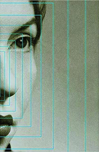 Capa de um livro. Tem fundo cinza, com o rosto de Clarice Lispector em preto e branco e pela metade. Linhas azuis paralelas desenham ret&acirc;ngulos em diferentes tamanhos pela metade