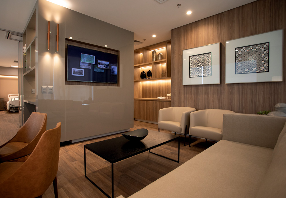 MATERNIDADE SÃO LUIz STAR Quarto luxuoso de uma maternidade, onde aparecem duas poltronas e um sofá na cor bege. O chão é de madeira, a parede ao fundo tem dois quadros e, ao lado, outra parede tem uma TV. Local é bem arejado, aconchegante e iluminado com luzes fracas