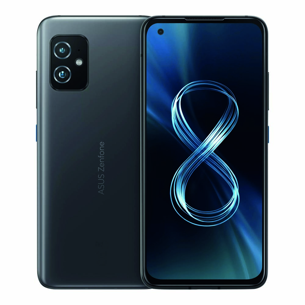 Zenfone 8. Um smartphone preto e fino, com tela azul. Ele &eacute; visto pela parte da frente e pela parte de tr&aacute;s