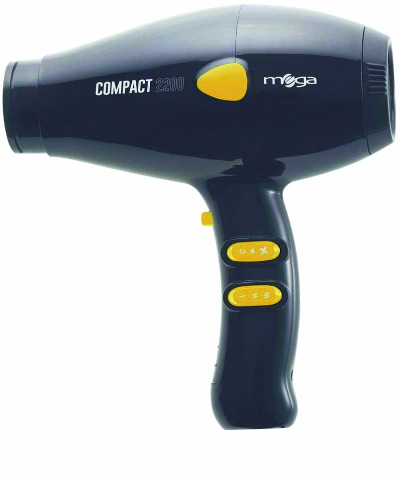 Secador de cabelo preto com detalhes em amarelo