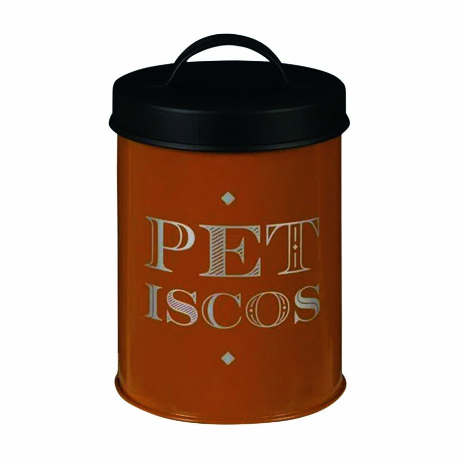 Pote laranja em metal com tampa preta onde se l&ecirc; 