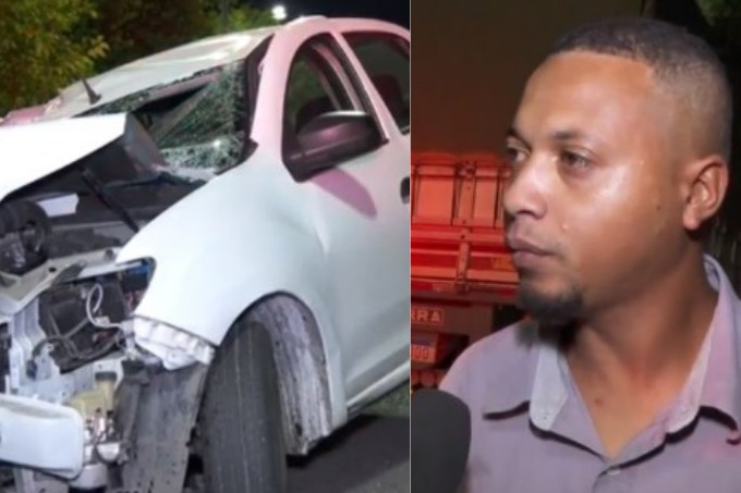 Imagem mostra Kaique Faustino, de camisa cinza, falando com um microfone à frente. Na outra metade mostra um carro acidentado