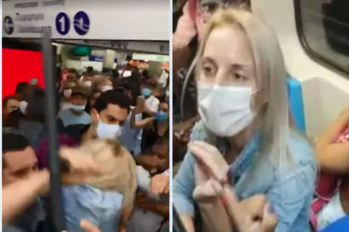 A imagem mostra uma mulher branca que proferiu ofensas racistas; ao lado, outra imagem mostra confusão na saída do Metrô