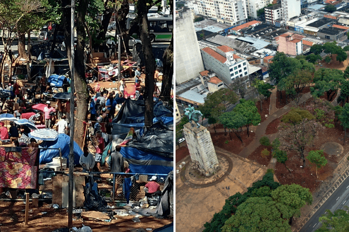 Duas imagens. À esquerda, diversas barracas e pessoas em praça. Á direita, uma foto área da mesma praça, vazia.