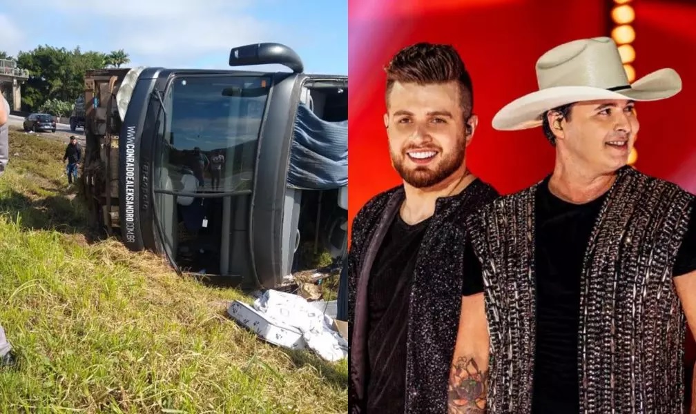 Ônibus caído à esquerda e dupla sertaneja em foto à direita.