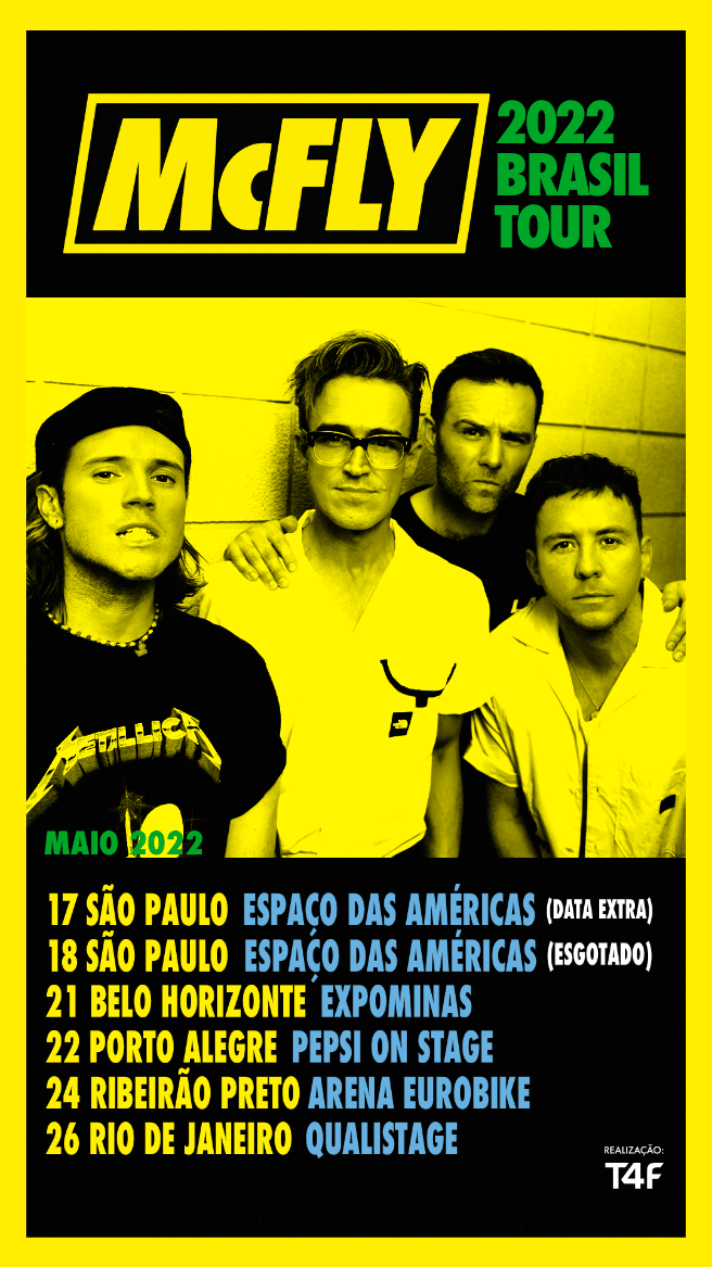 mcfly agenda Imagem mostra cartaz amarelado com foto de quarteto de homens com datas de shows embaixo