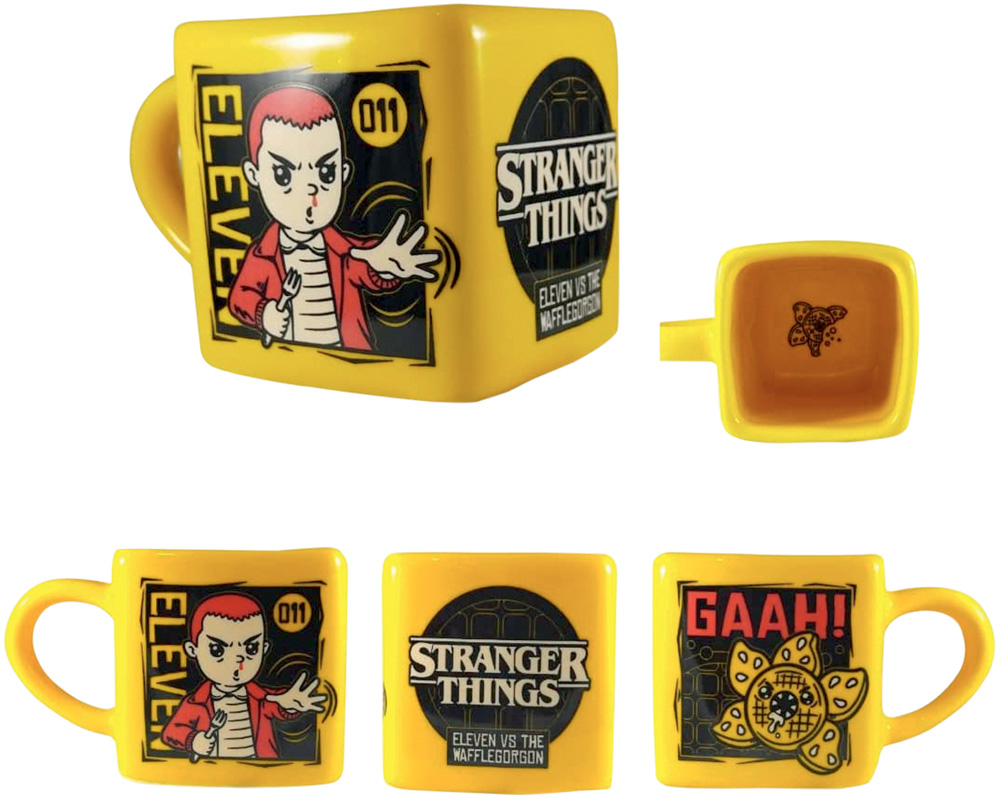 Caneca amarela e quadrada inspirada em Stranger Things. A estampa possui uma ilustra&ccedil;&atilde;o da Eleven e dos monstros da primeira temporada