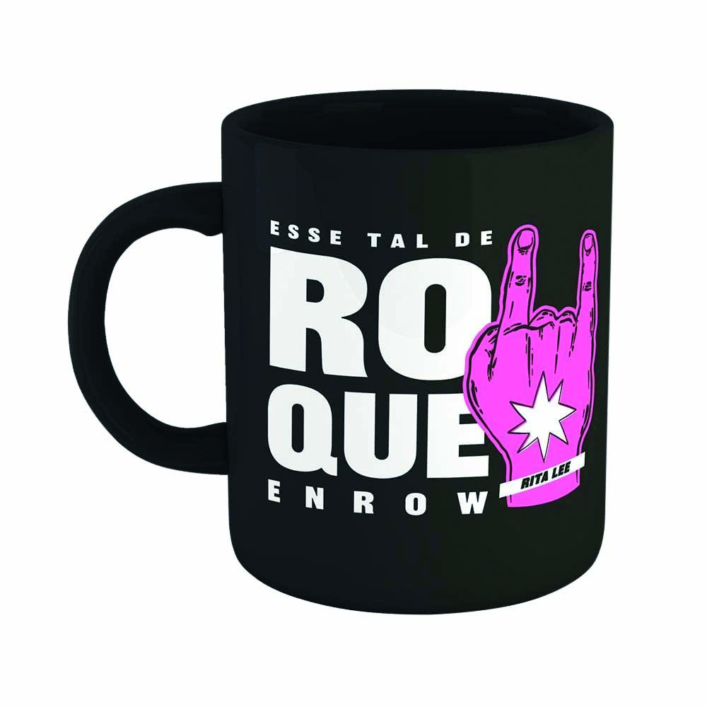 Caneca preta com estampa com ilustra&ccedil;&atilde;o de m&atilde;o roxa, fazendo o s&iacute;mbolo do rock, e os dizeres 