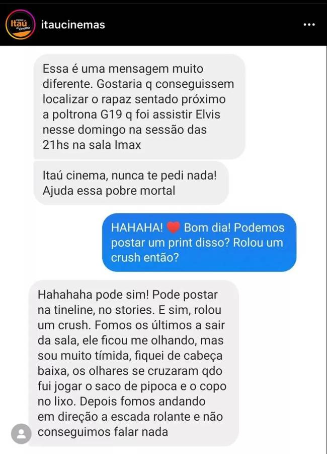 itau A imagem mostra um print de conversa entre uma cliente do Itaú Cinemas e o perfil da empresa