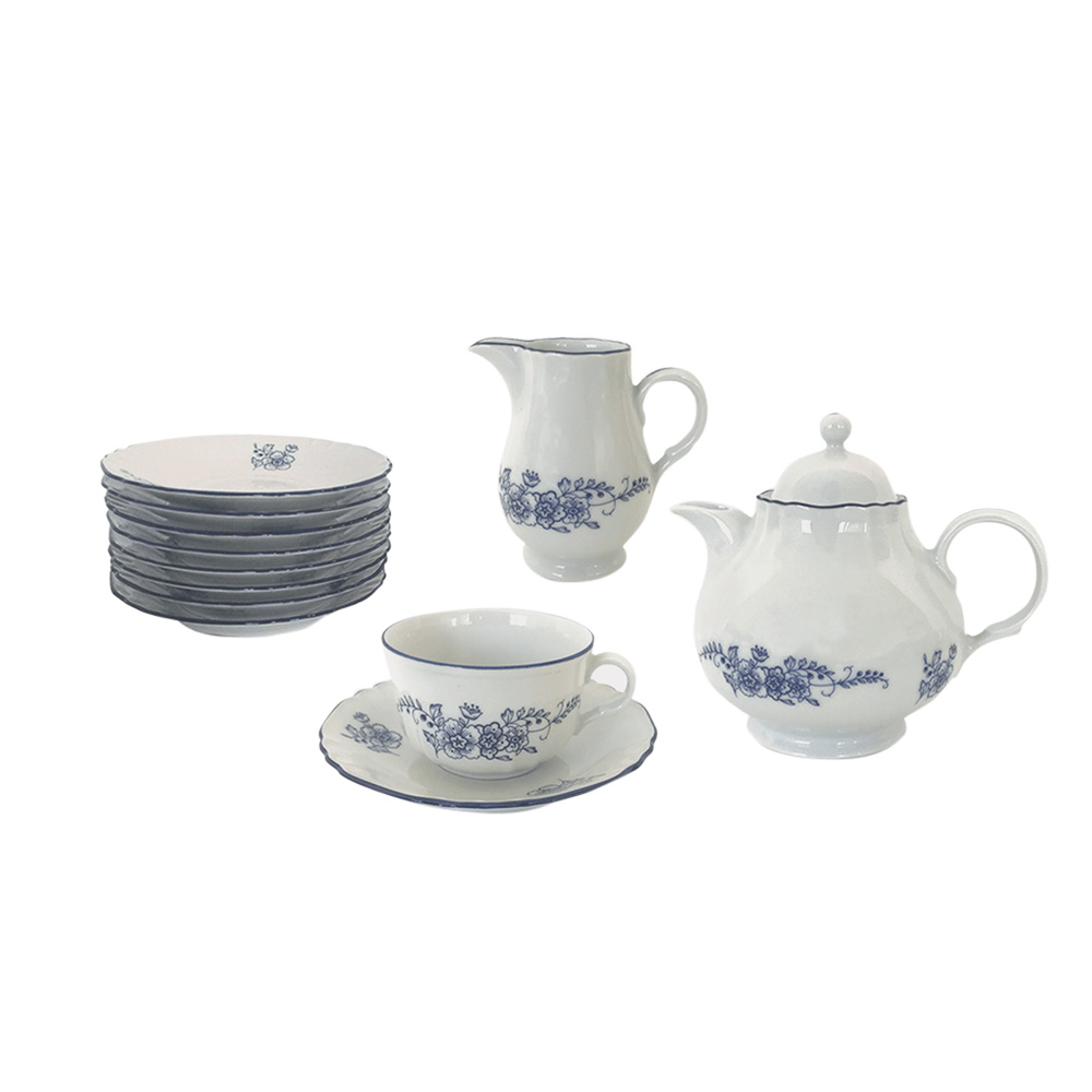 Jogo de ch&aacute; branco com detalhes azuis