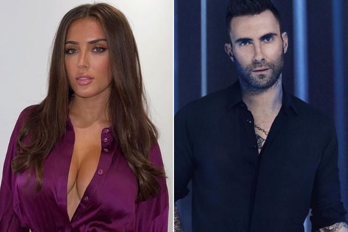 Montagem com foto de Sumner Stroh e Adam Levine, com semblante neutro e usando roupas escuras