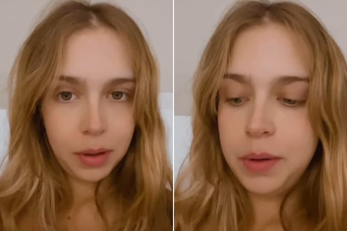 Montagem com duas fotos de Isabella Scherer, recortadas no rosto. À esquerda ela olha para a câmera, à direita ela olha para baixo