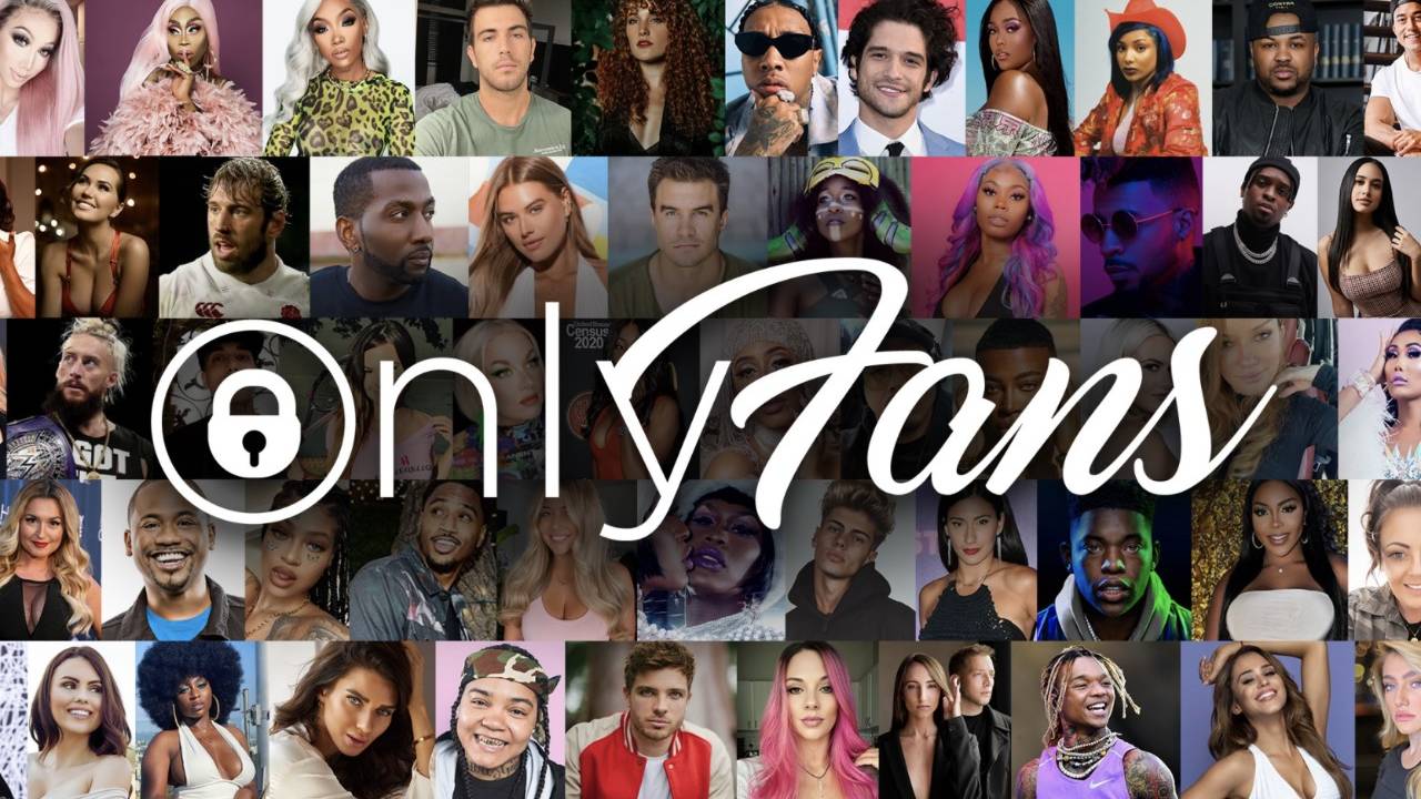 Logo do OnlyFans sobre fotos de perfis de inúmeros usuários indistinguíveis da plataforma.