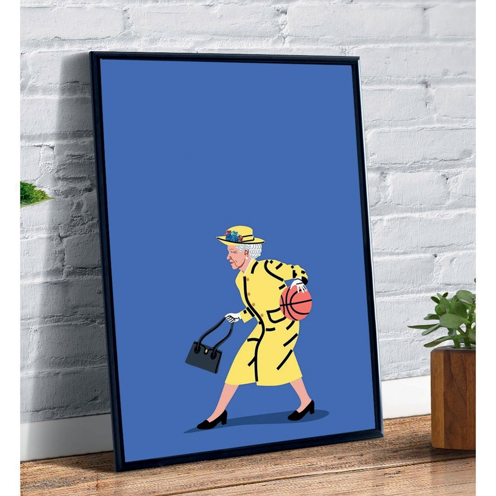 Quadro com ilustra&ccedil;&atilde;o da Rainha Elizabeth II jogando basquete