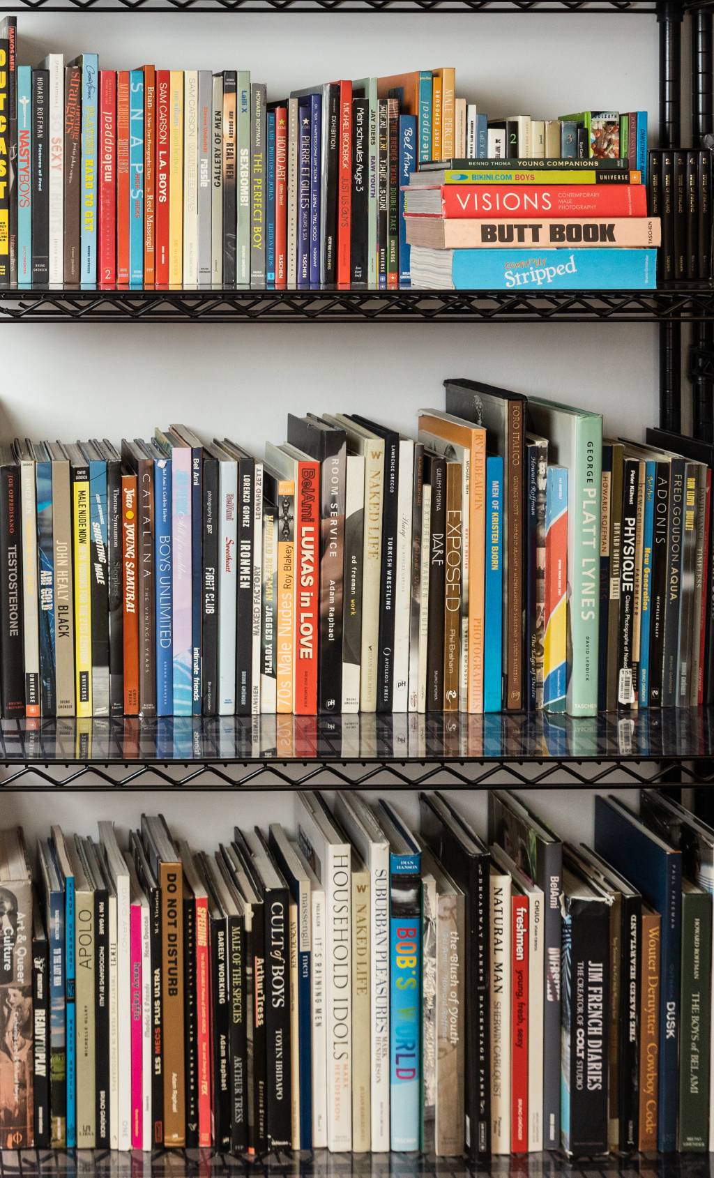 Biblioteca de Arte Homoerótica Hermano Almeida (LEO MARTINS-VEJASP) (4) Três fileiras de livros de pé em estante preta aparecem em destaque com a parede branca.