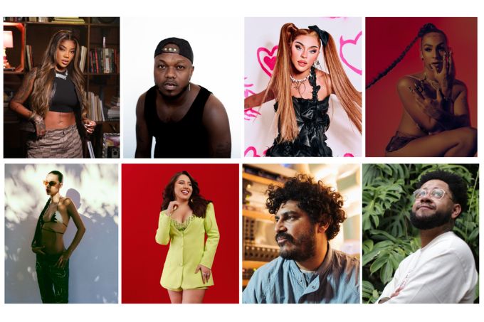 Montagem com foto de Ludmilla, Djonga, Pabllo Vittar, Linn da Quebrada, Marina Sena, Mari Fernandez, Criolo e Emicida (da esq. para a direita, de cima para baixo)