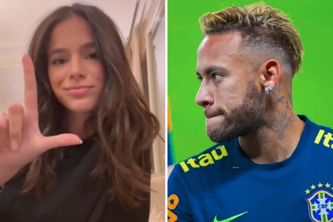 Montagem com foto de Bruna Marquezine fazendo o L e de Neymar em campo de futebol