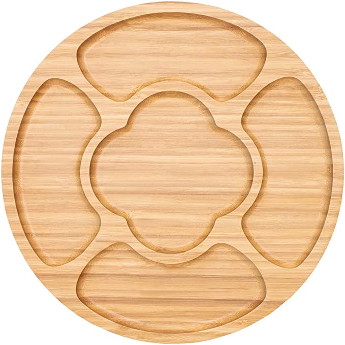 Petisqueira redonda de bambu com cinco divis&oacute;rias