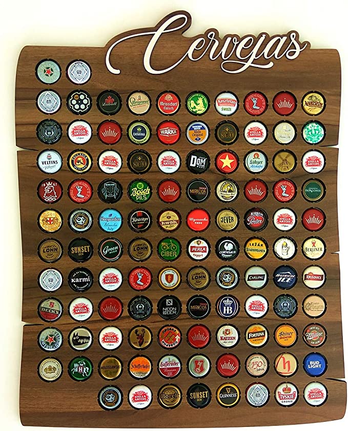 Quadro de madeira com espa&ccedil;o para tampinhas de garrafa de cerveja