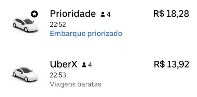 Captura de tela do app do Uber