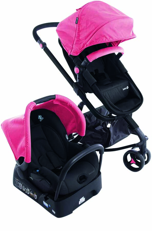 Carrinho com beb&ecirc;conforto acopl&aacute;vel. Possui detalhes na cor rosa
