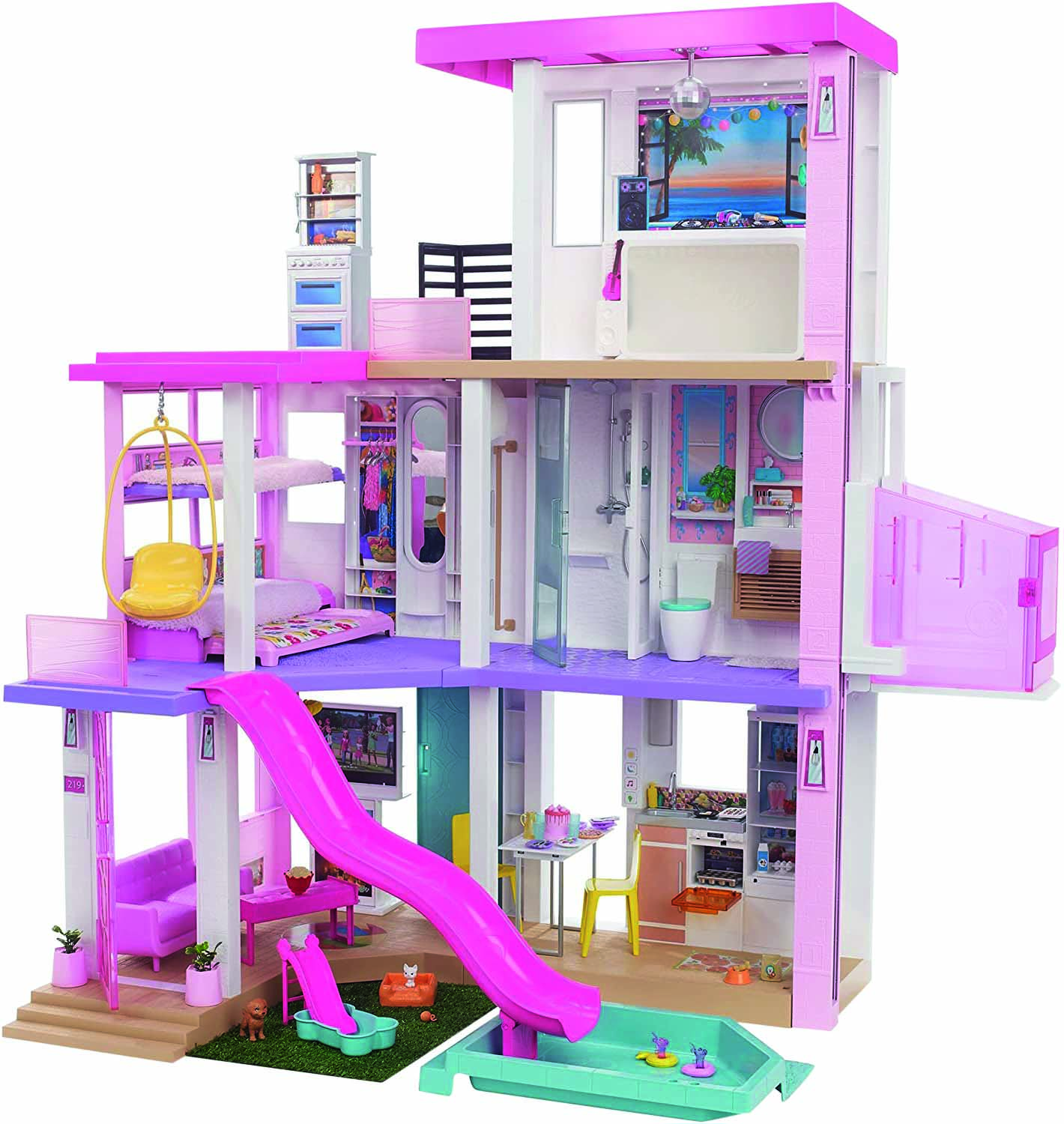 Casa da Barbie com tr&ecirc;s andares. Feita em tons de rosa, lil&aacute;s, azul e branco