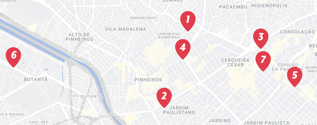 Mapa com setas vermelhas que enumeram sete interven&ccedil;&otilde;es urbanas em S&atilde;o Paulo