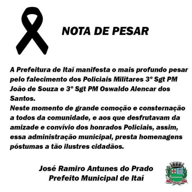 Nota de pesar da prefeitura de Itaí