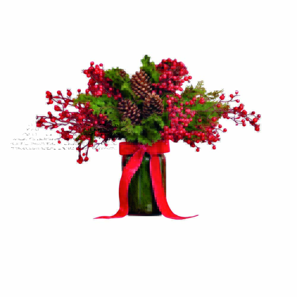 Arranjo de flores.jpg Vaso verde de vidro com arranjo de galhos de cereja, folhagens natalinas e pinhas. Está envolto por um laço vermelho