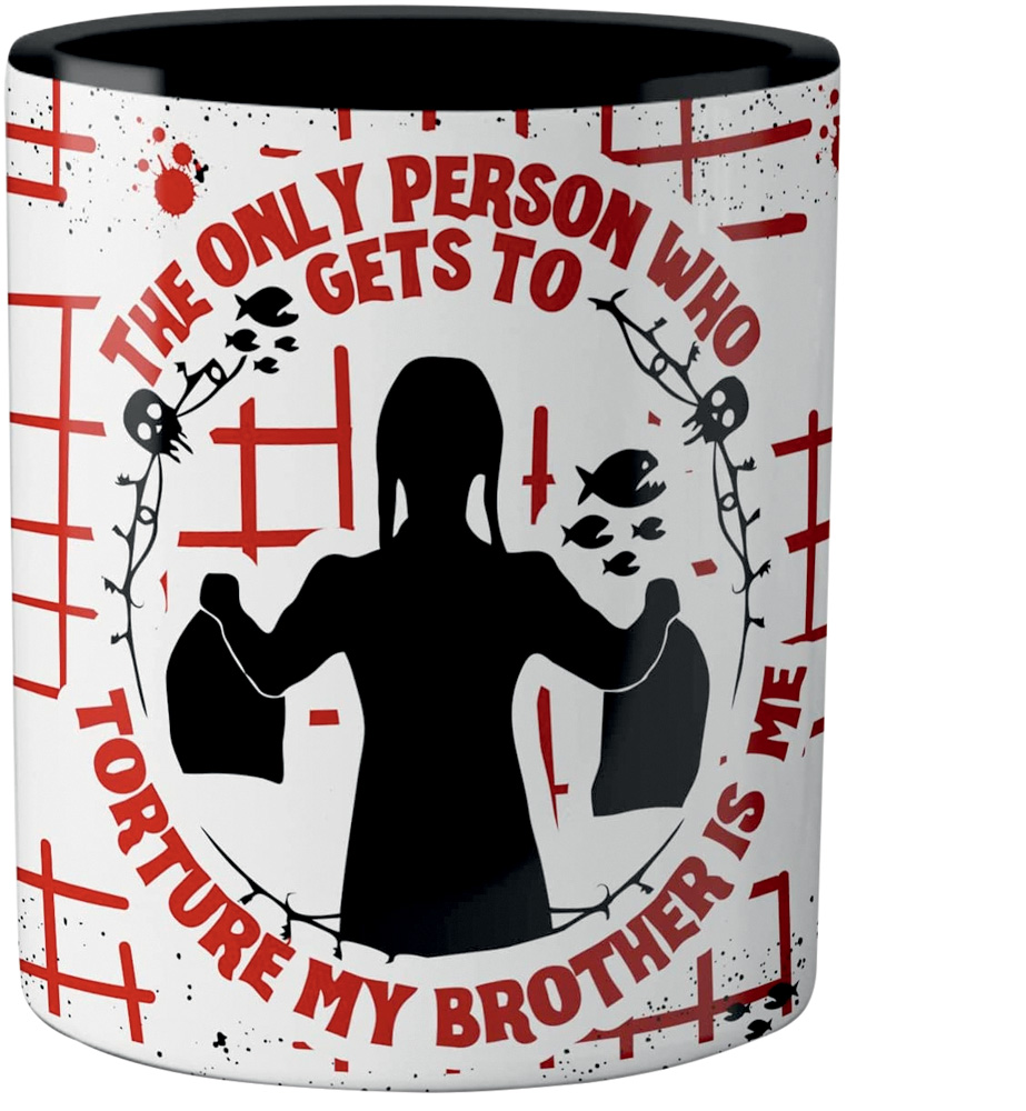 Imagem mostra caneca branca com tra&ccedil;os pretos e vermelhos