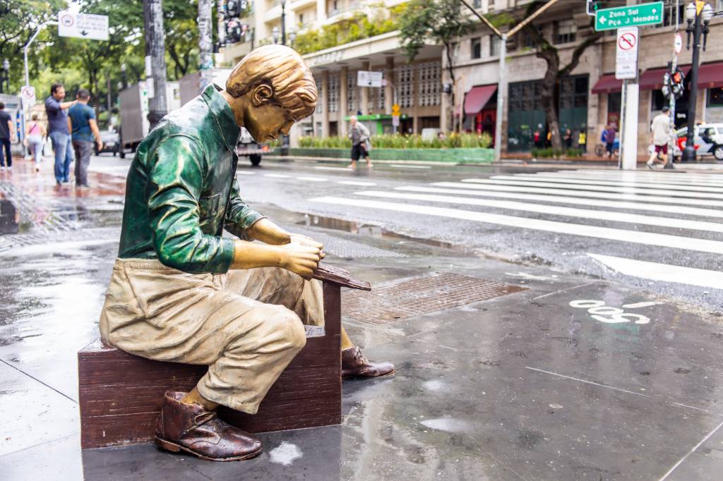 IpirangaSaoJoaoEdsonLopesEstatuaJrSecomSapateiro Uma das quatro esculturas em bronze é do sapateiro, personagem muito comum na São Paulo antiga