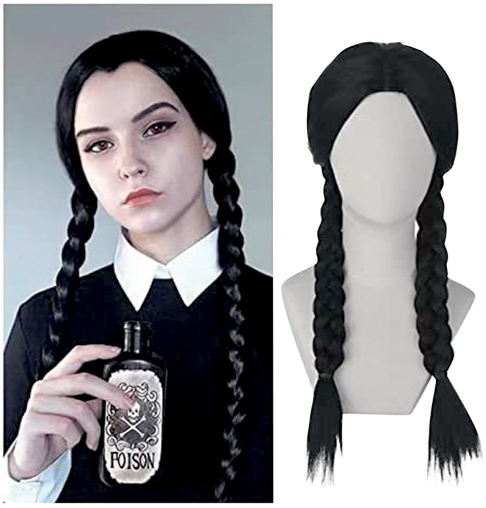 Duas imagens. &Agrave; esquerda, menina com cabelo de tran&ccedil;a e blazer sobre camisa branca. &Agrave; direita, peruca sobre manequim