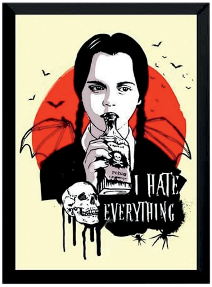 Imagem mostra quadro em amarelo, vermelho e branco com desenho da Wandinha, da Fam&iacute;lia Addams