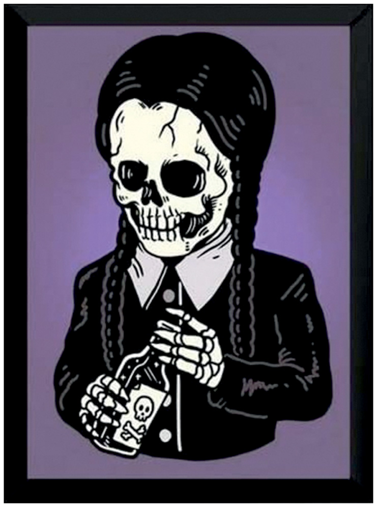 Imagem mostra quadro de caveira com cabelo comprido e terno preto