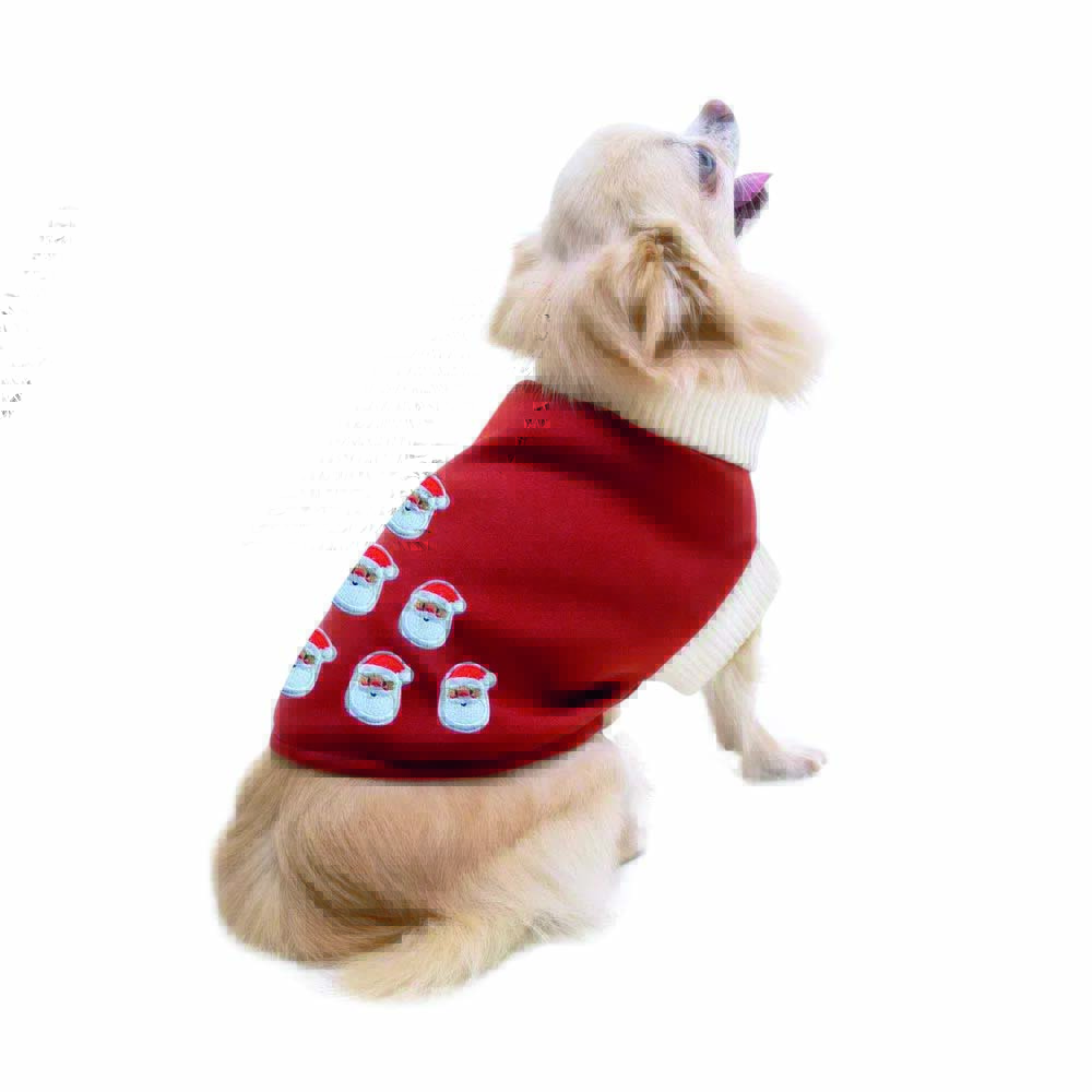 Suéter para pet.jpg Cachorro de porte pequeno usa suéter natalino vermelho com patchs com o rosto do Papai Noel