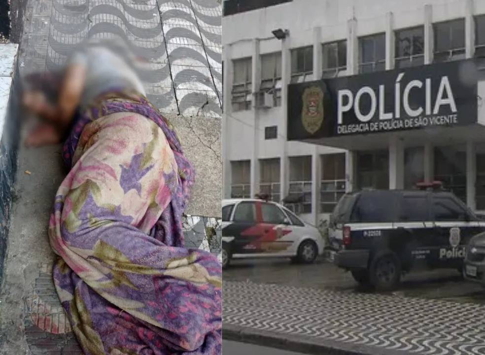 Montagem com foto de morador de rua e da Polícia em São Vicente