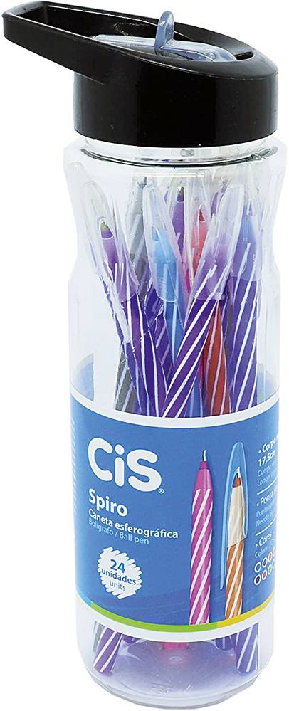 Kit de canetas.jpg Kit de canetas esferográficas azuis e vermelhas. Elas estão dentro de uma embalagem de plástico cilíndrica com tampa preta