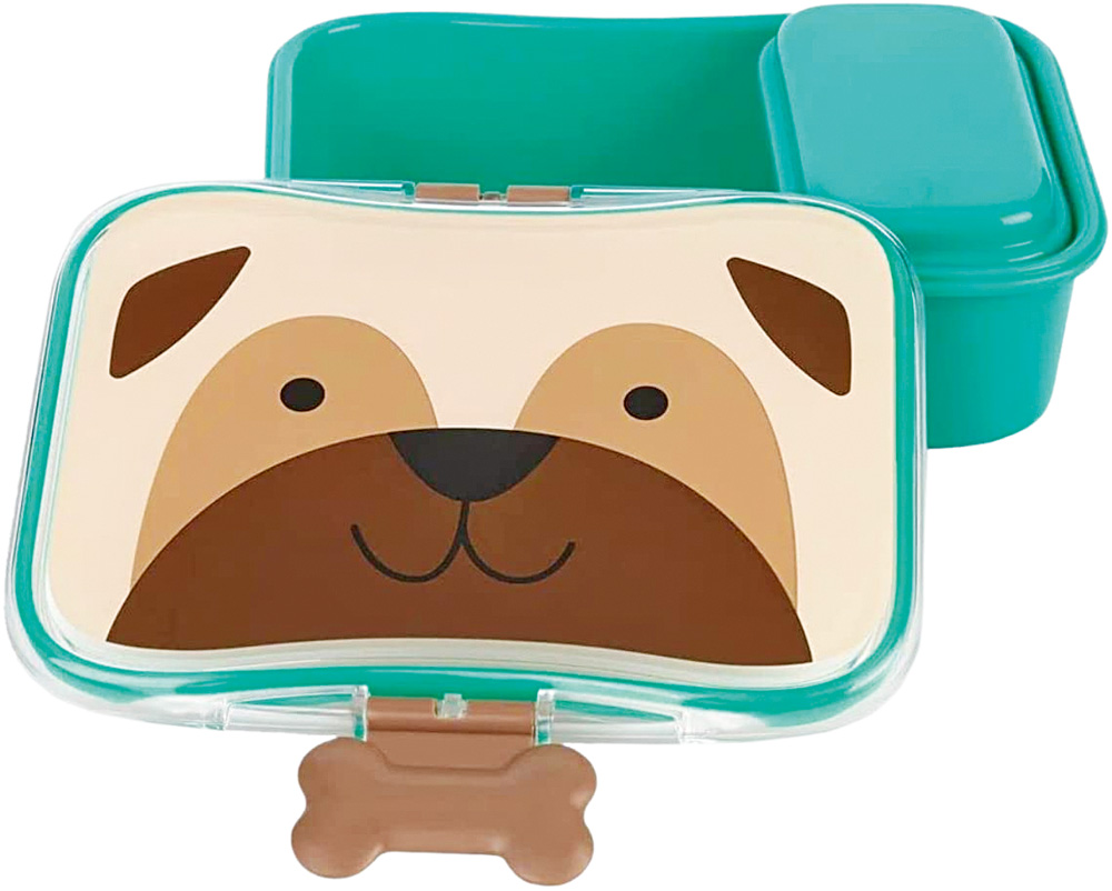 Kit lanche.jpg Vasilha infantil para lanche na cor verde água. Tem um pequeno compartimento separado, com tampa, dentro. Na tampa principal tem uma estampa de ilustração de cachorro