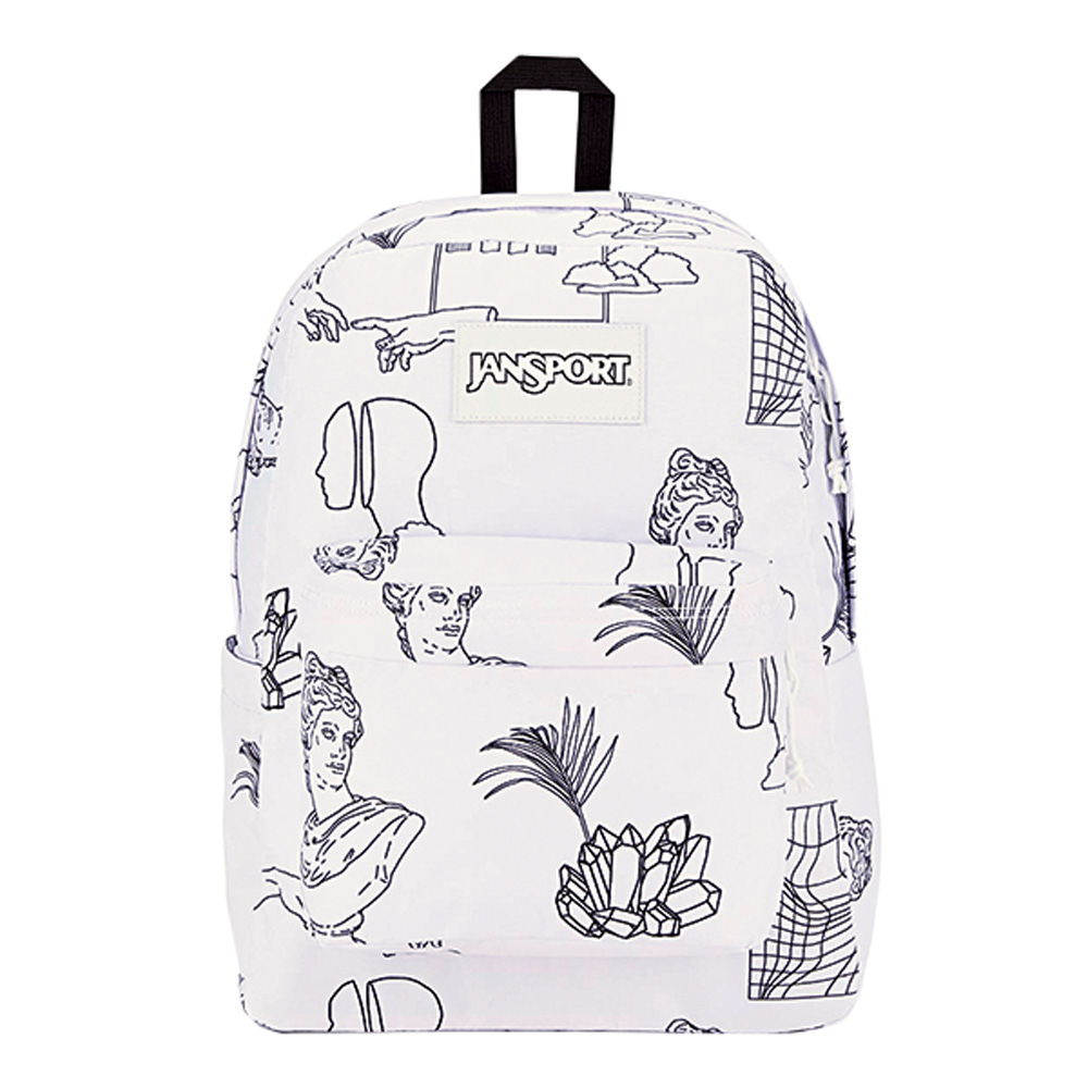 Mochila Jansport.jpg Mochila de costas Jansport. É branca com desenhos pretos de estátuas gregas, plantas e cristais
