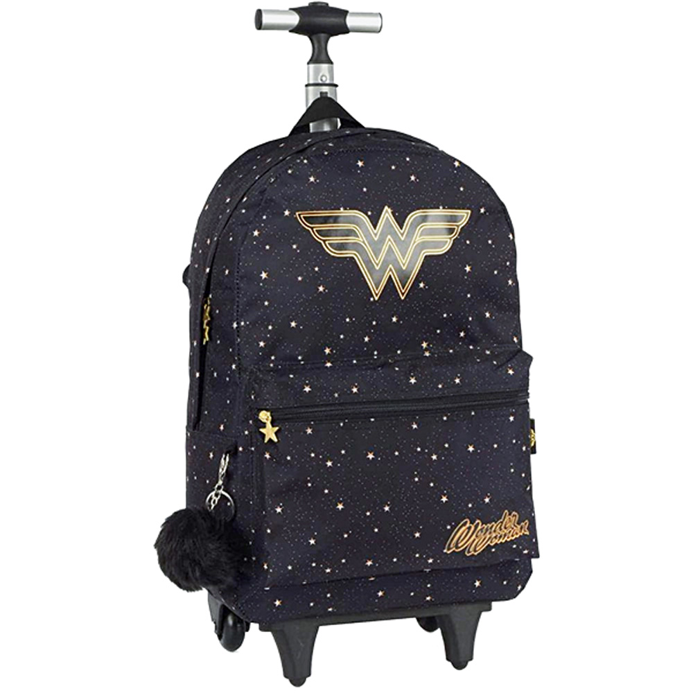 Mochila de rodinha.jpg Mochila de rodinha preta com estampa do logo da Mulher Maravilha