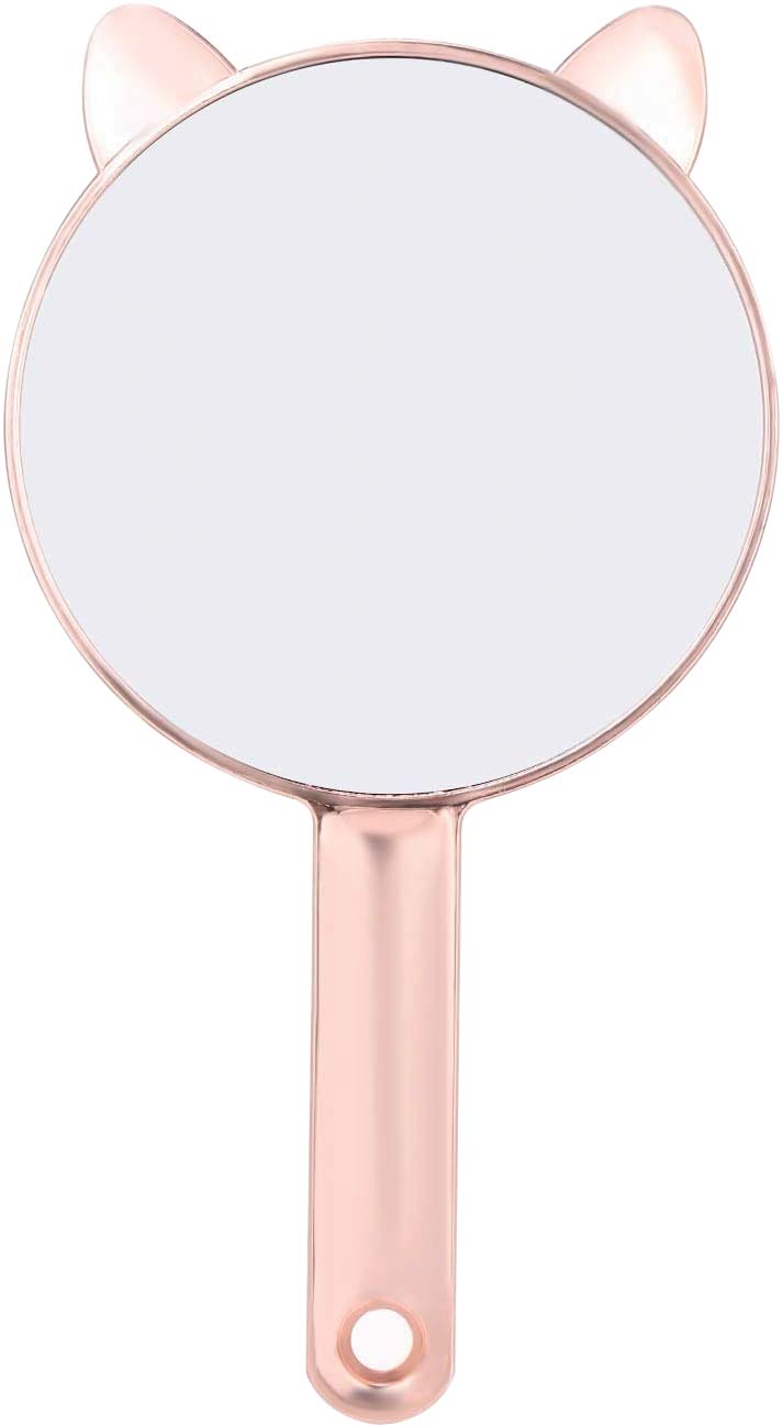 Espelho de mão redondo com base e moldura rosé gold com orelhas de gatinho no topo