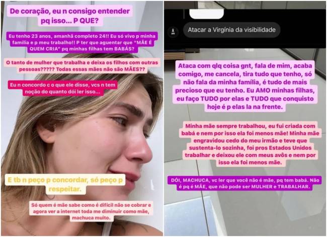 Dois screenshots, um com o rosto de uma mulher loira chorando, onde se leem frases dizendo que mulheres podem ser mães e também trabalhar e seus filhos terem babás sem que deixem de ser mães