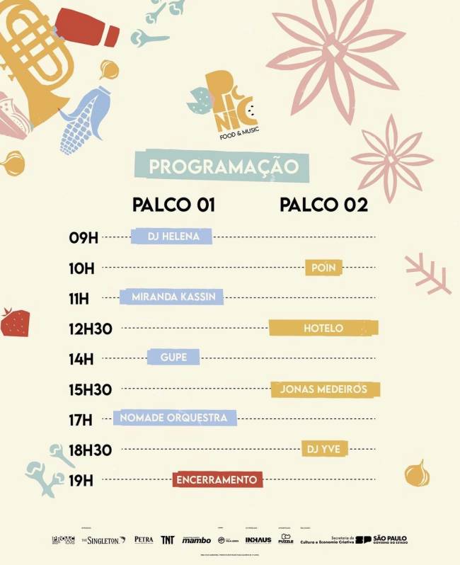 Festival PICNIC Food & Music Imagem mostra cartaz de festival com artistas e horários